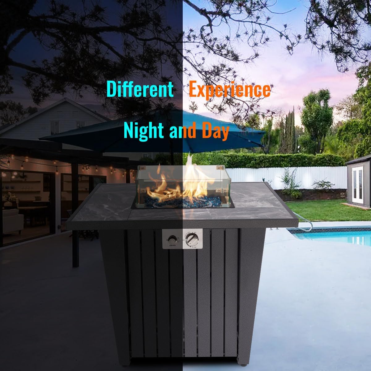 32'' Propane Fire Pit Table, Marble Tile Ceramic Tabletop with Glass Wind Guard, 50,000 BTU Fire Table with Inclined Leg and Art Powder Design, Blue Glass Rocks, Including Lid&Cover, Grey