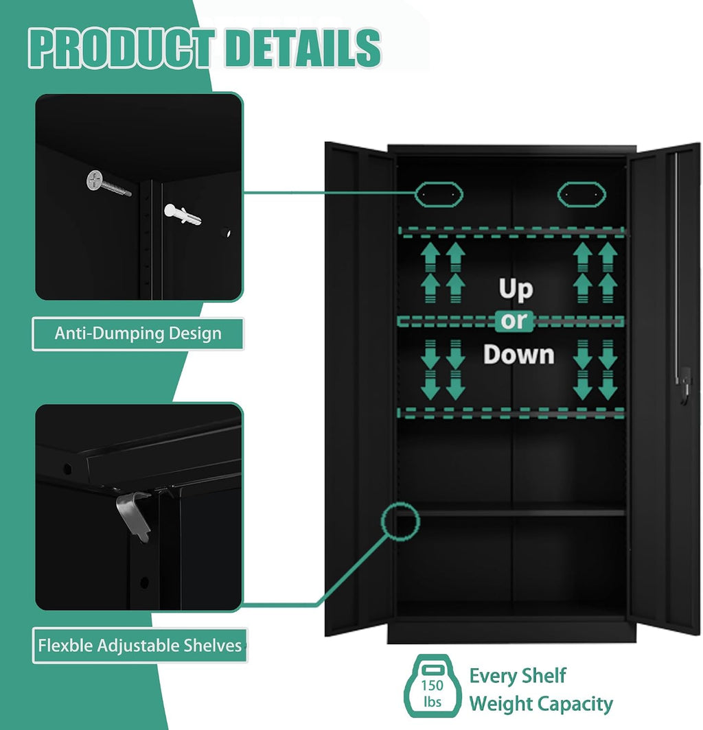 Black Metal Storage Cabinet with Door, Locking Steel Cabinet with 4 Adjuestable Shelves, Tall Lockable Garage Tool Storage Cabinet for Home, Office, Pantry, Assembly Required