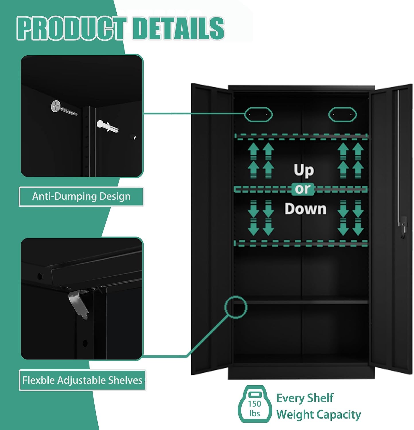 Black Metal Storage Cabinet with Door, Locking Steel Cabinet with 4 Adjuestable Shelves, Tall Lockable Garage Tool Storage Cabinet for Home, Office, Pantry, Assembly Required