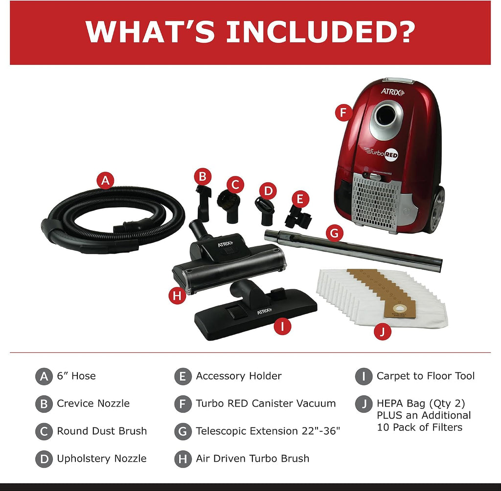 Atrix AHC Turbo Red HEPA 6-Quart Canister Vacuum Cleaner – Premium Bundle for Home & Carpet Cleaning, Includes Accessories & Variable Speed Motor