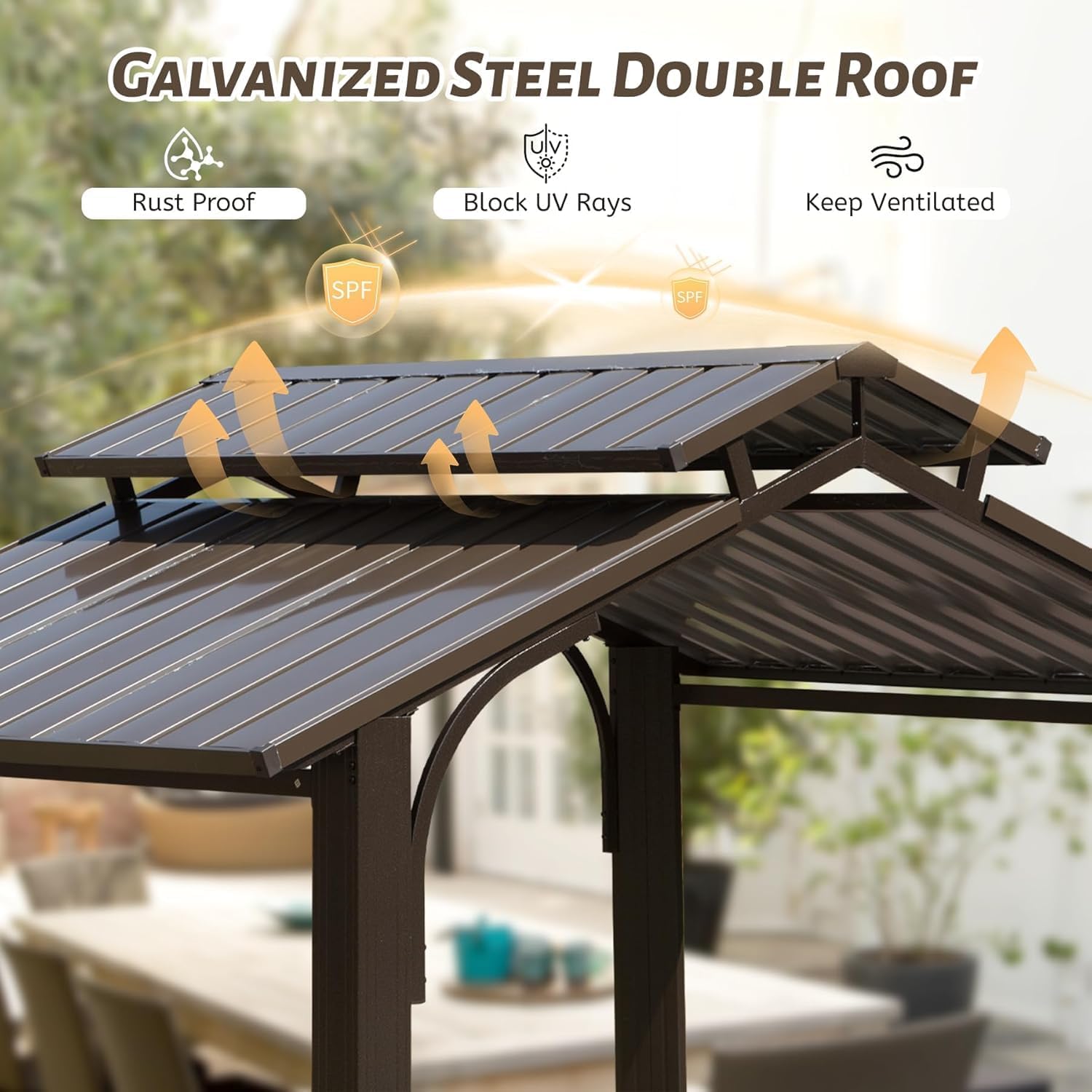 【LuckyNote】8×5FT Hardtop Grill Gazebo, Outdoor BBQ Gazebo w/Galvanized Steel Double Roof, Permanent Sun Shade Grill Canopy Shelter with 2 Side Shelves and Ceiling Hook for Patio Deck,2 parcels (Brown)