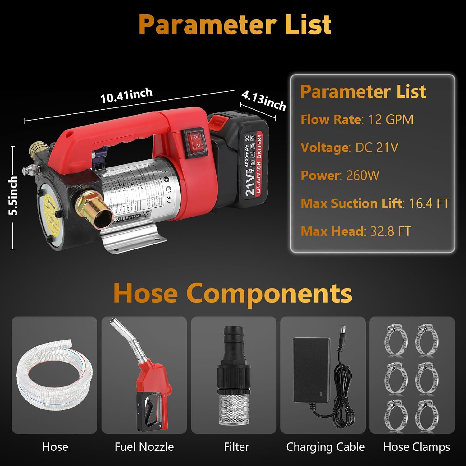 Fuel Transfer Pump Battery Powered - cordless transfer pump 12GPM 21V 260W Diesel & Kerosene Transfer Pump, Auto Shut-off Nozzle, for Truck/Tractor/Generator