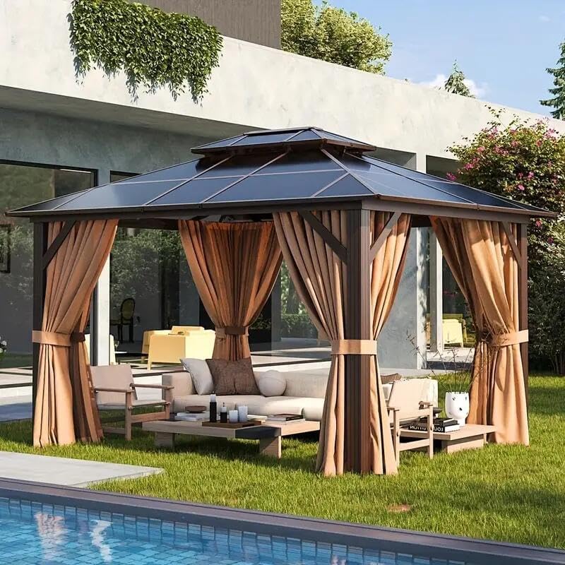 Hardtop Gazebo 10x12FT Hardtop Gazebo, Aluminum Frame Permanent Pavilion with Curtains and Netting, Outdoor Polycarbonate Gazebo, Double Roof Canopy, for Gardens, Patios, Lawns