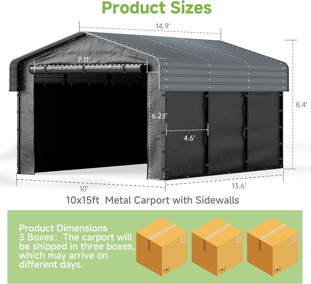 10x15FT Heavy Duty Metal Carport,Outdoor Garage with Removable Sidewalls & Doors, Heavy Duty Steel Frame and Galvanized Roof for Cars and Boats, Gray