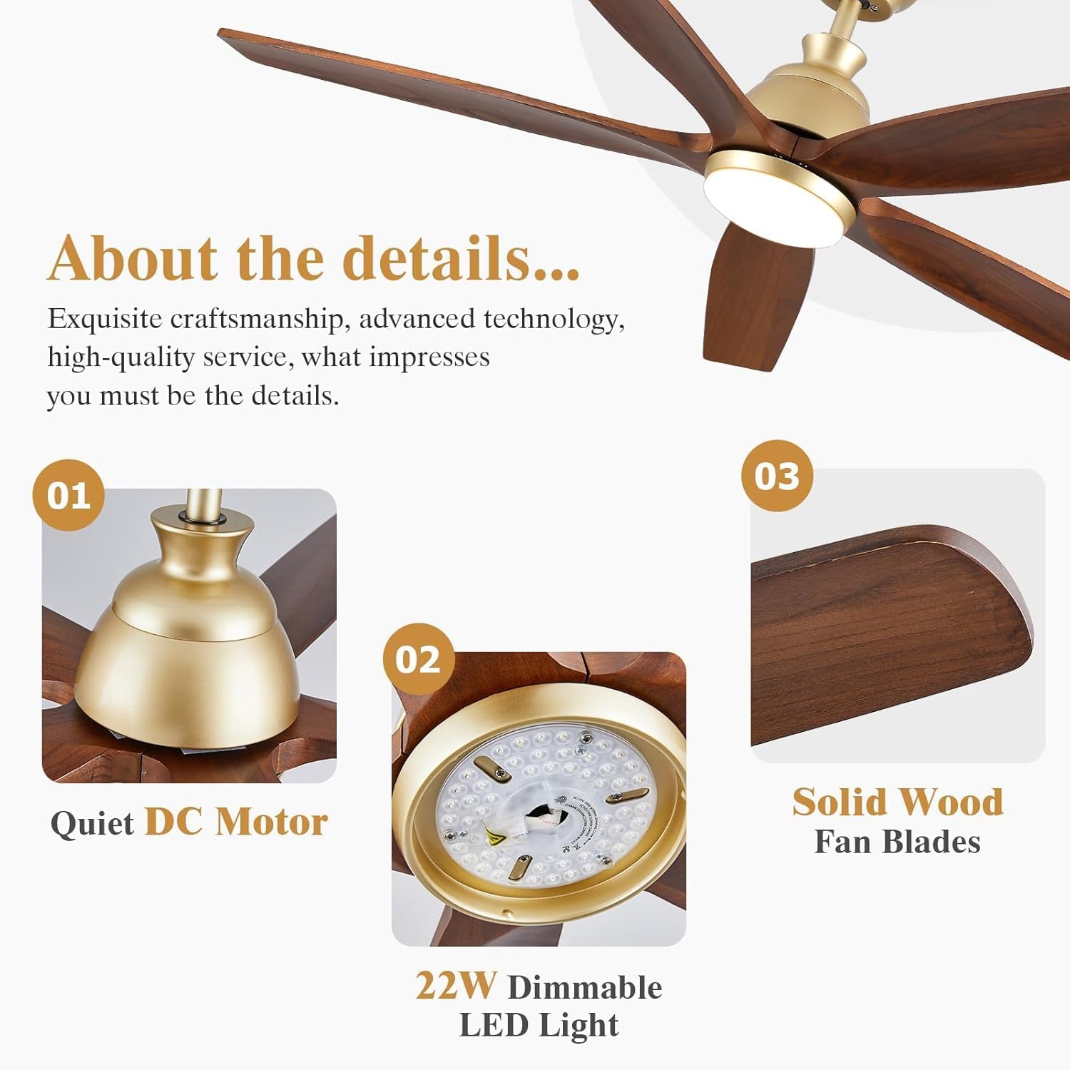 60 Inch Outdoor Ceiling Fan with Light and Remote, Gold Ceiling Fans with Lights, Solid Wood Blade, Quiet Reversible DC Motor, Damp-Rated Large Outdoor Ceiling Fans for Patios Porch Gazebo Farmhouse