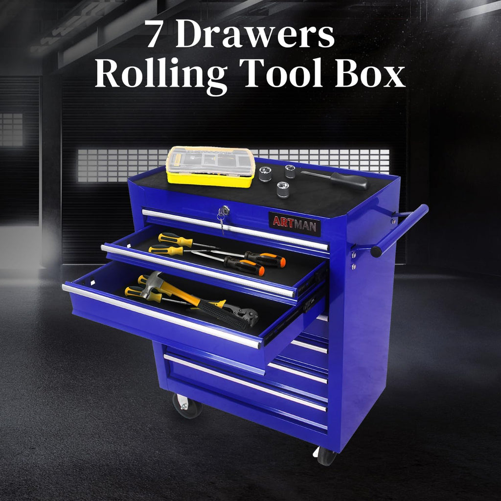 Rolling Tool Chest with 7-Drawer Tool Box with Wheels Multifunctional Tool Cart Mechanic Tool Storage Cabinet for Garage, Warehouse, Workshop, Repair Shop (Blue)
