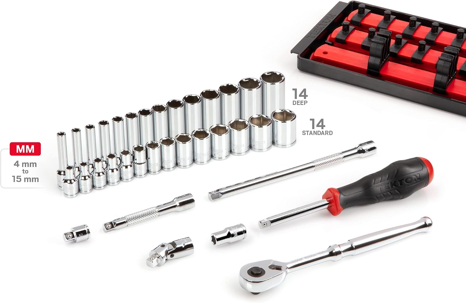 TEKTON 1/4 Inch Drive 6-Point Socket and Ratchet Set with Rails and Tray, 35-Piece (4-15 mm) | SKT03201