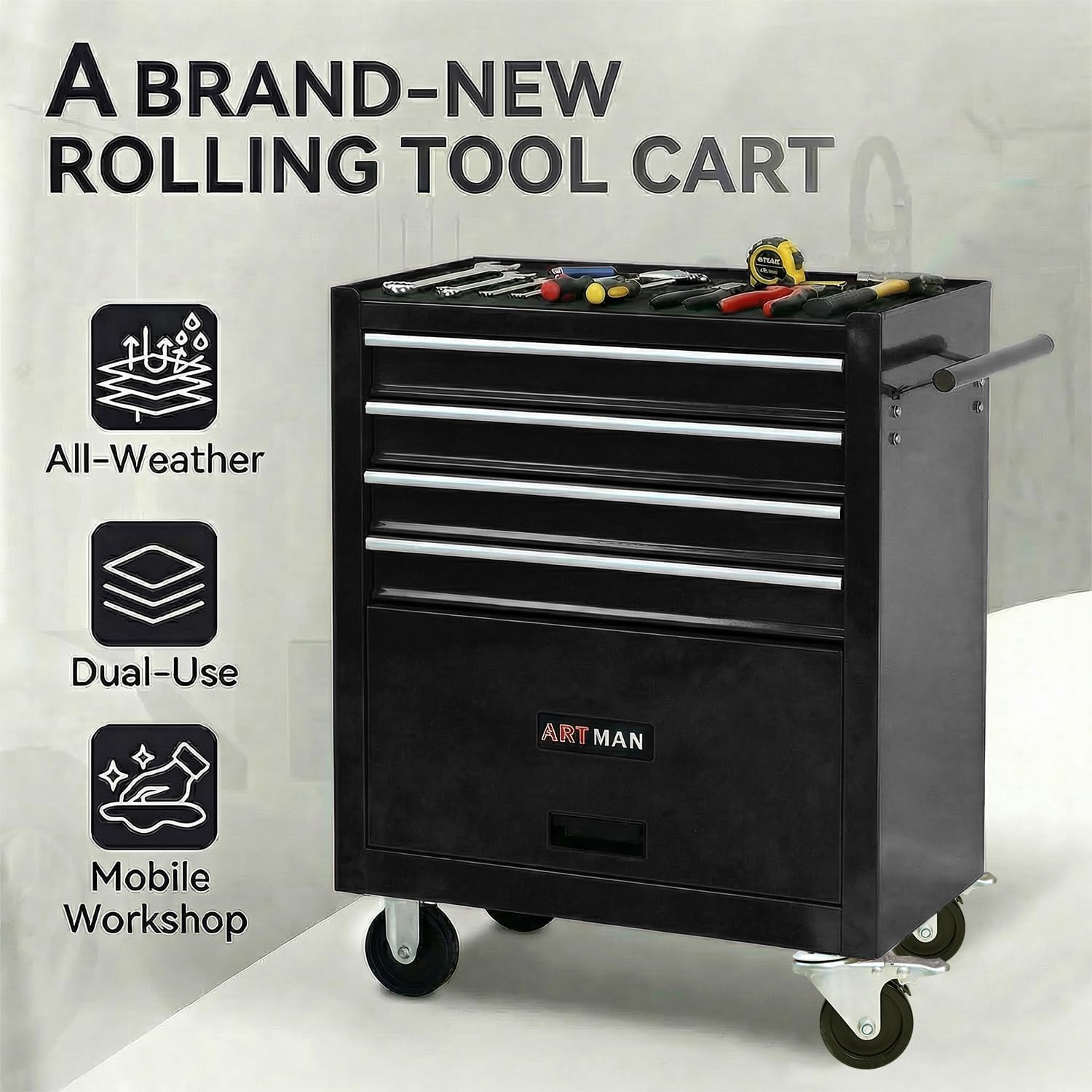 4 Drawers Tool Cart on Wheels,Rolling Tool Box Tool Storage, Drawers Rolling Tool Box Organizer Tool Case for Garage, Warehouse, Workshop, Repair Shop (4 Drawers-Black)