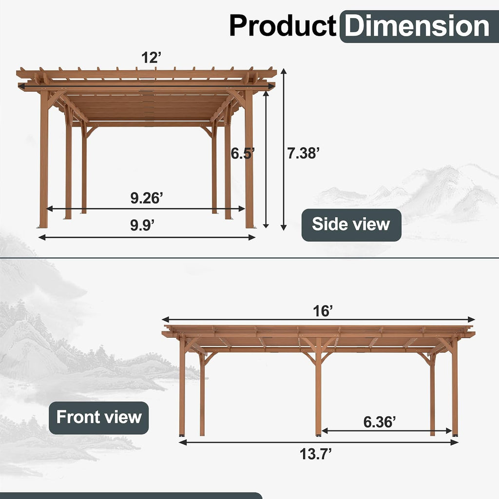 Pergola Gazebo Cover for Climbing Plants, Cedar Wood Garden Structure with Sturdy Frame for Backyard, Patio, Deck, Lawn, Yard Shade, Brown (12 x 16 FT)