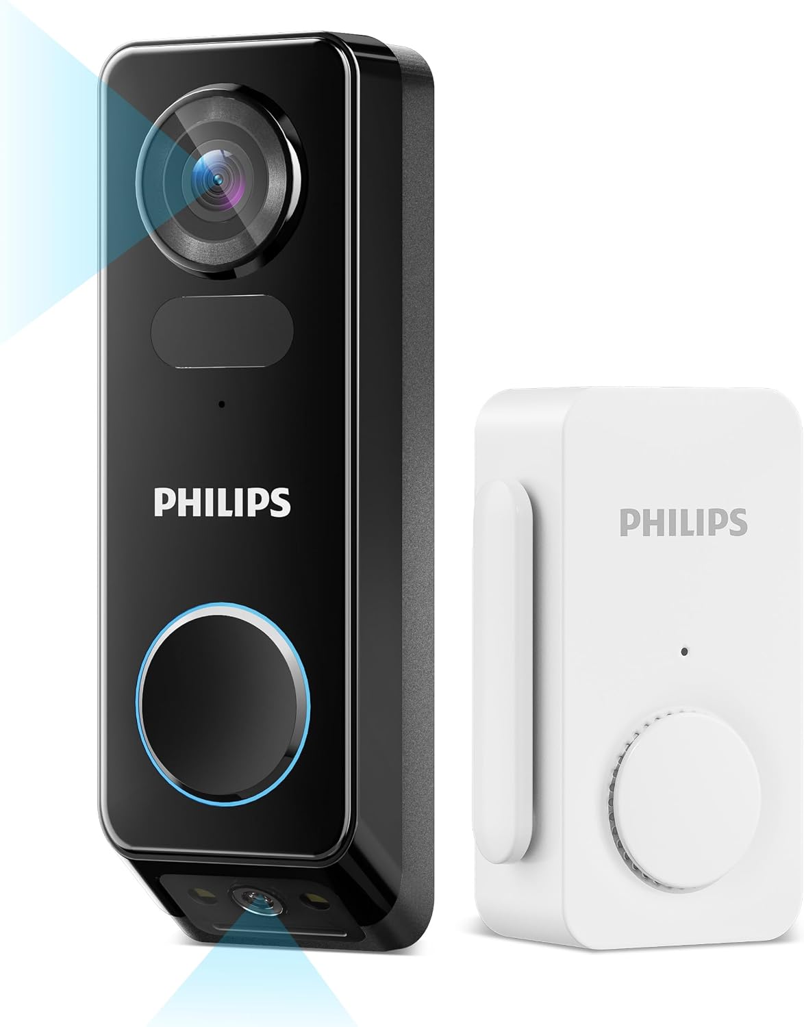 Philips Security Video Doorbell Camera (Chime Included), No Monthly Fee, Dual Cameras 2K QHD with Motion Detection, 2-Way Audio, Supports Alexa & Google Assistant, Battery/Wired Powered