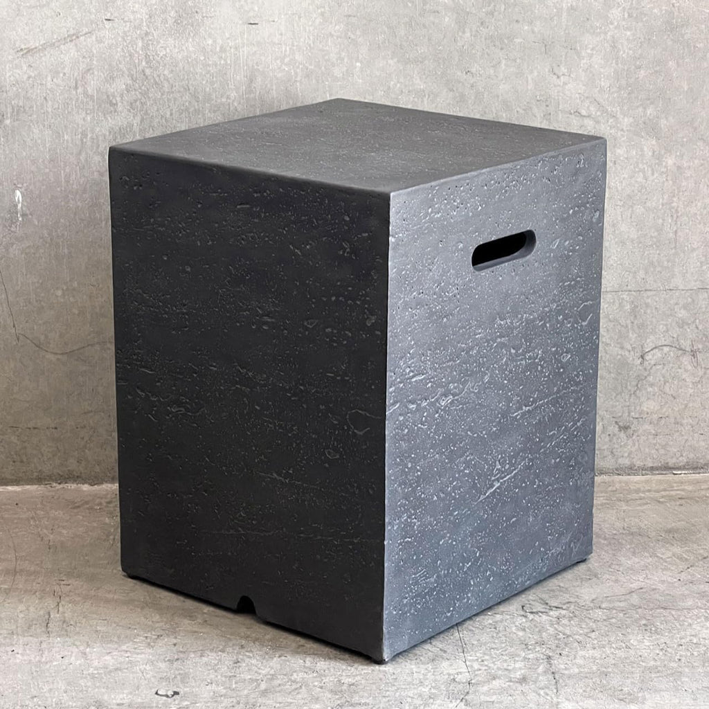 AMS Fireplace | Elementi Square Travertine Dark Gray 20 lbs Propane Tank Cover | Concrete GFRC Base | Dimensions: 15.7 x 15.7 x 20 inches | Perfectly Matches with Cannes Fire Pit Table.