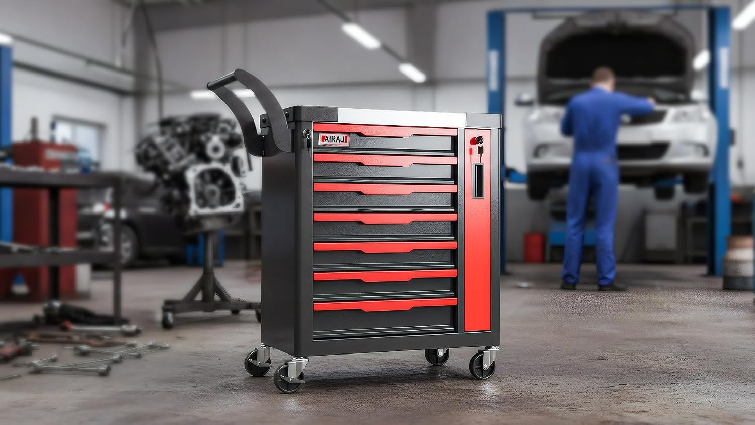 Tool Chest 7-Drawer | Rolling Tool Chest with Wheels/Side Drawer | Drawers Integrated Lockable | Tool Cart/Cabinet with Drawers for Garage Storage,Workshop | Safety Rounded Corner Anti-collision | Red