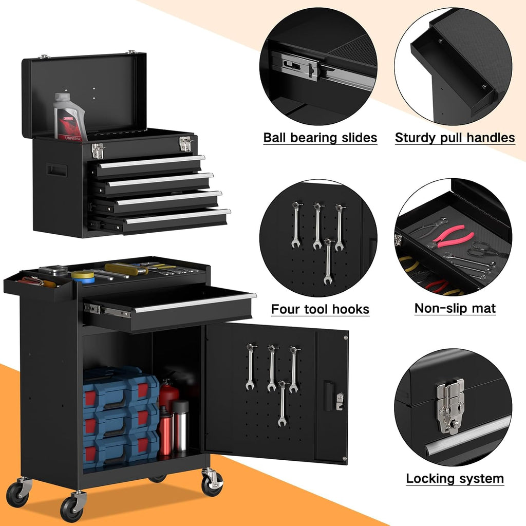 5 Drawer Rolling Tool Chest with Drawers-Lockable Metal Toolbox on Wheels-Detachable Top Tool Storage & Rolling Tool Cart for Garage Workshop,Repair Room(Black)