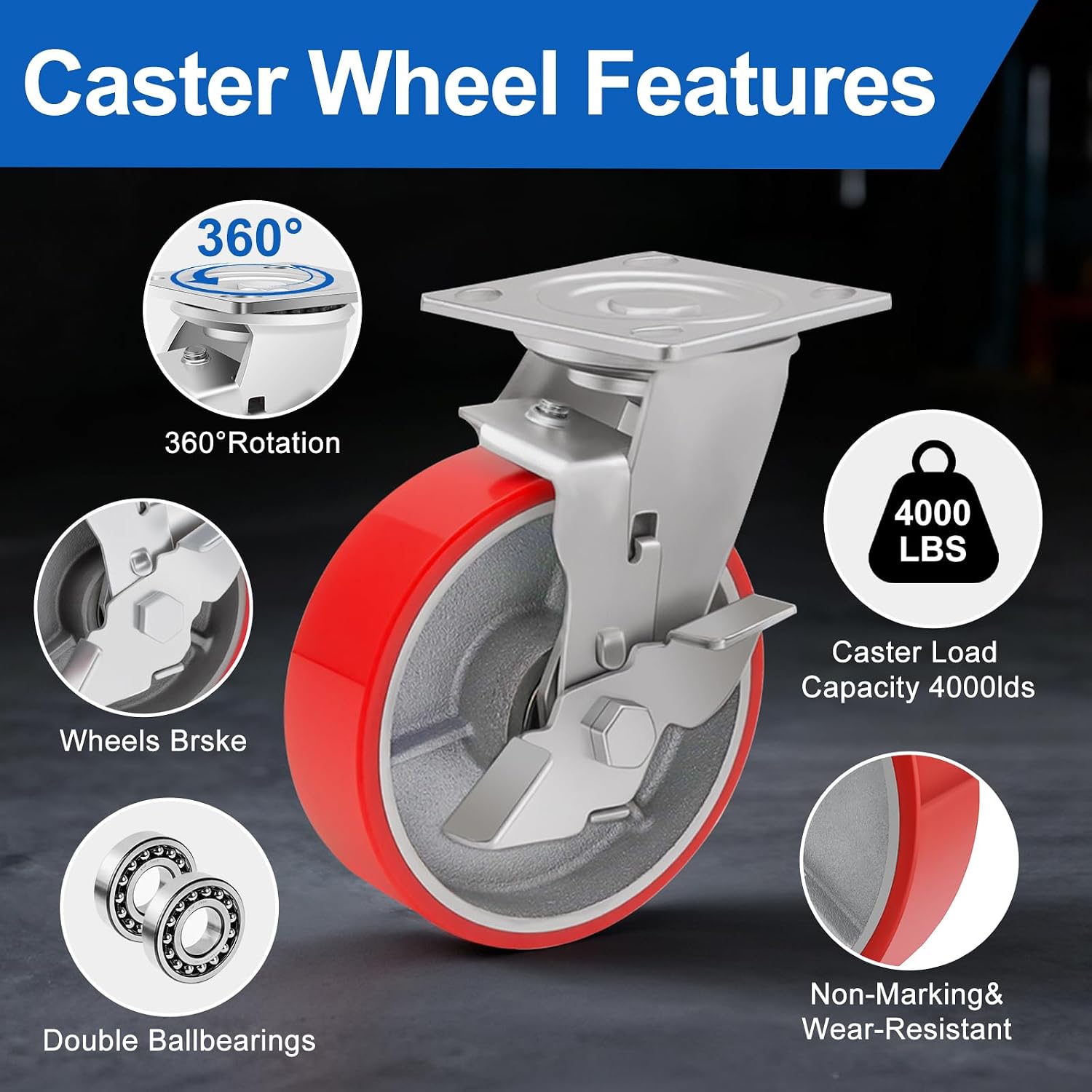Nefish 6 Inch Industrial Casters Set of 4 Heavy Duty No Noise Polyurethane Wheel on Steel Hub, Workbench Casters with Brakes 4800 Lbs, Plate Swivel Casters for Toolbox Workbench (4 Swivel & Brakes)
