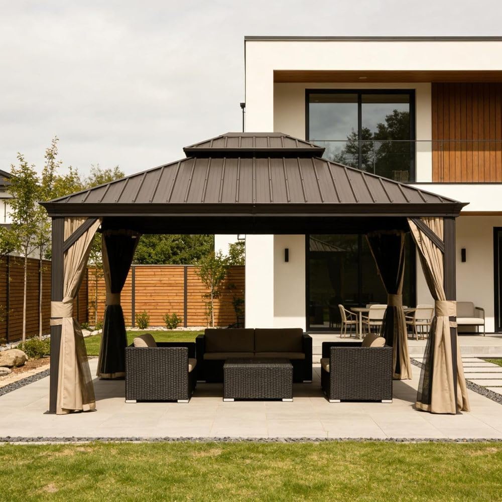 11x13FT Hardtop Gazebo with Double Roof, Metal Outdoor Gazebo for Patio, Water Resistant Steel Pergola with Netting & Curtains, Brown