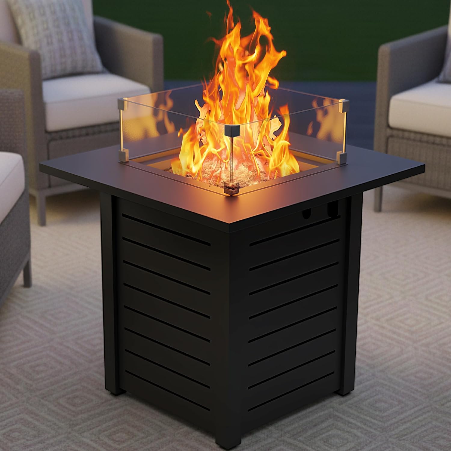 28 Inch Outdoor Propane Fire Pit,50,000 BTU Gas Fire Pit Table with Steel Lid,304 Stainless Steel H-Burner,Wind Guard,Fire Pits for Patio Deck,Black