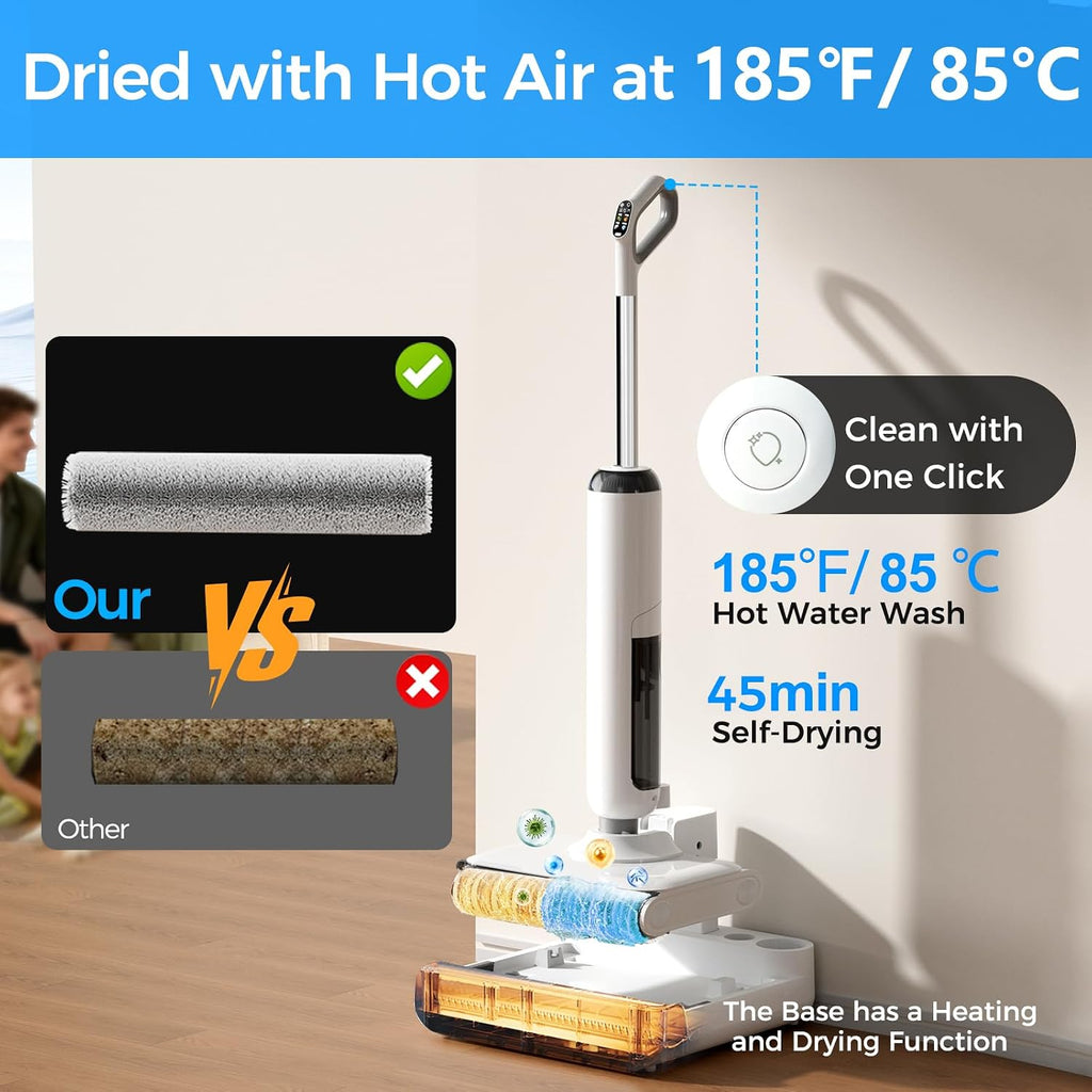 Wet Dry Vacuum Cleaner Cordless, 23KPa Vacuum Mop for Hard Floors, Up to 45 Min Runtime, 180° Lay-Flat Design with Hot Water Self-Cleaning & 185°F Hot Air Drying, Anti-Tangle Brush for Pet Hair