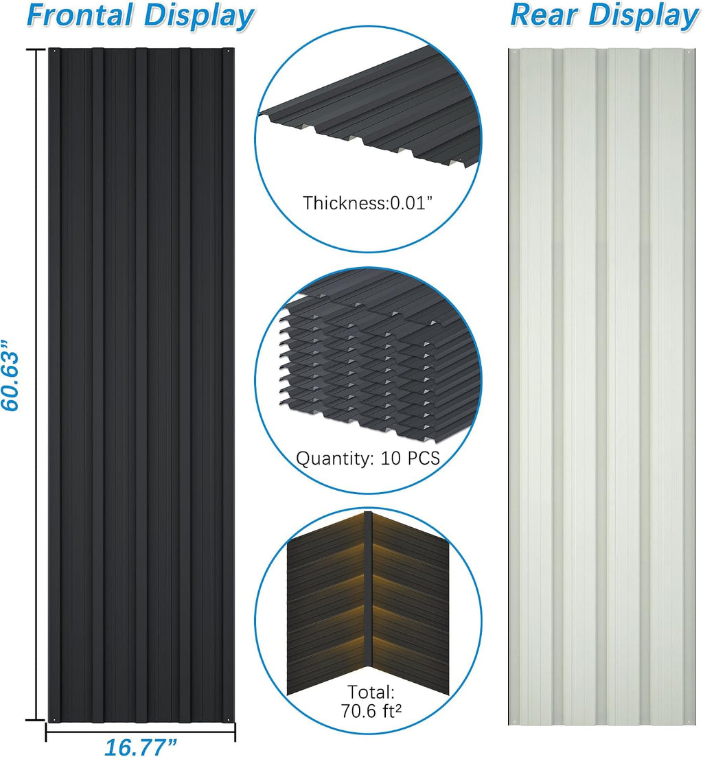Metal Roof Panels 10Pcs Roofing Panels Galvanized Steel with Screw Resistant,Versatile and Durable Suitable for Garages,Sheds, Stables and Mobile Homes Black 70 sq.ft