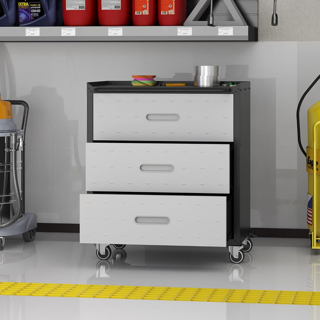Metal Storage Cabinet with Wheels, Rolling Tool Cabinet, Garage Storage Cabinet with 3 Drawer for Tools, Assembly Required (Black/Grey)
