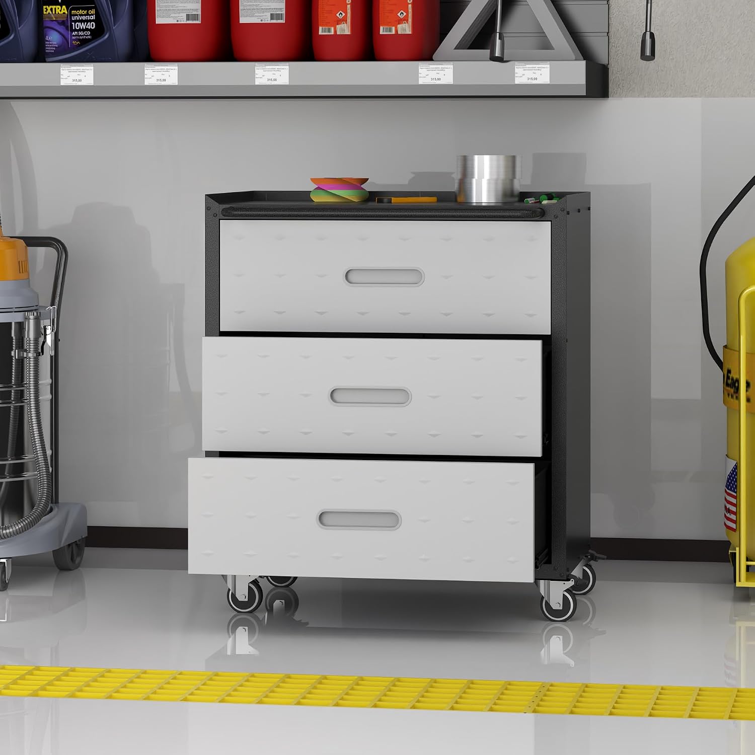 Metal Storage Cabinet with Wheels, Rolling Tool Cabinet, Garage Storage Cabinet with 3 Drawer for Tools, Assembly Required (Black/Grey)
