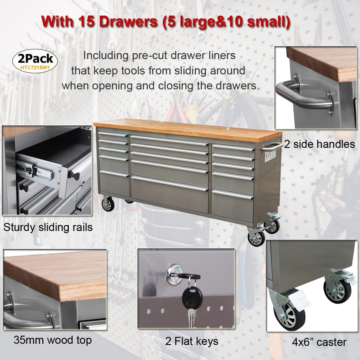 2 Pack - 72' Stainless Steel Rolling Tool Chest with 15 Drawers, Mobile Workbench, Assembled Large Tool Box Lockable Storage Cabinet with Wheels for Garage Workshop (2 × HTC7215W1)