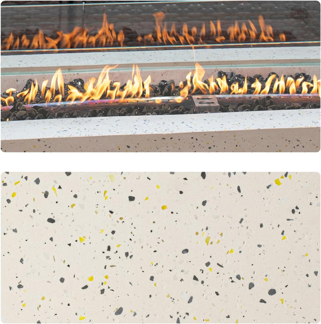 COSIEST 2-Piece Outdoor Propane Fire Pit Table Set w Tank Table, 42-inch Terrazzo Rectangle Fire Table (50,000 BTU) w 16 inches Tank Cover Side Table 20lb, Wind Guard, Black Fire Glass, Rain Cover