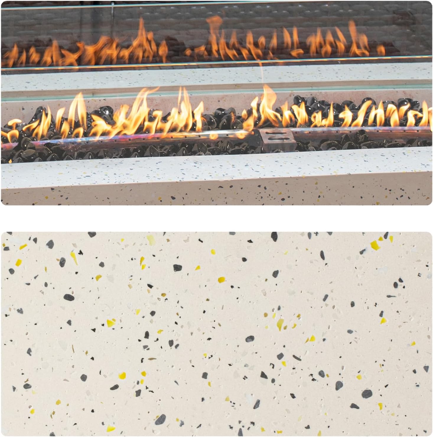 COSIEST 2-Piece Outdoor Propane Fire Pit Table Set w Tank Table, 42-inch Terrazzo Rectangle Fire Table (50,000 BTU) w 16 inches Tank Cover Side Table 20lb, Wind Guard, Black Fire Glass, Rain Cover