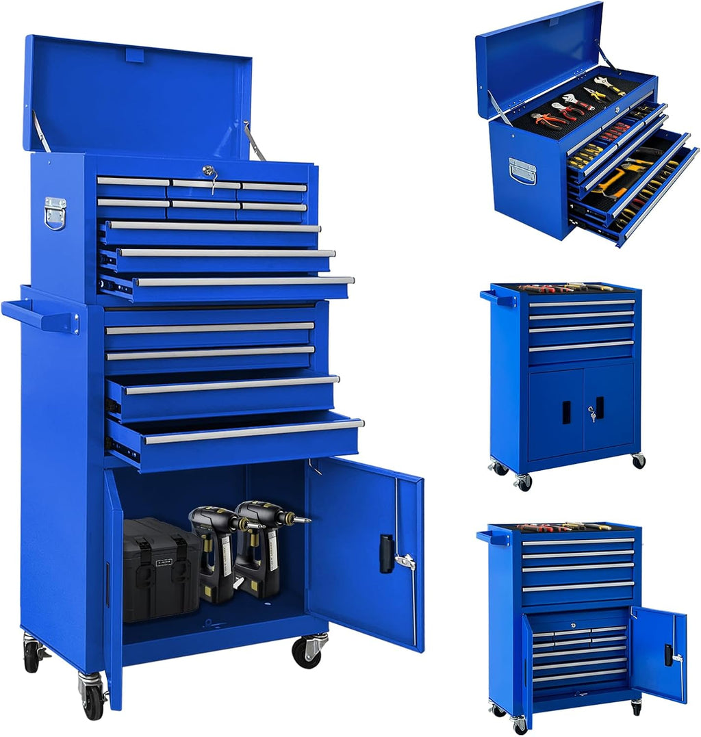 13-Drawer Double Door Rolling Tool Chest, 2 in 1 Detachable Tool Chest,Tool Box with Drawers and Wheels, Large Tool Cabinet with Lock, Metal Standing Toolbox for Garage Workshop-Blue
