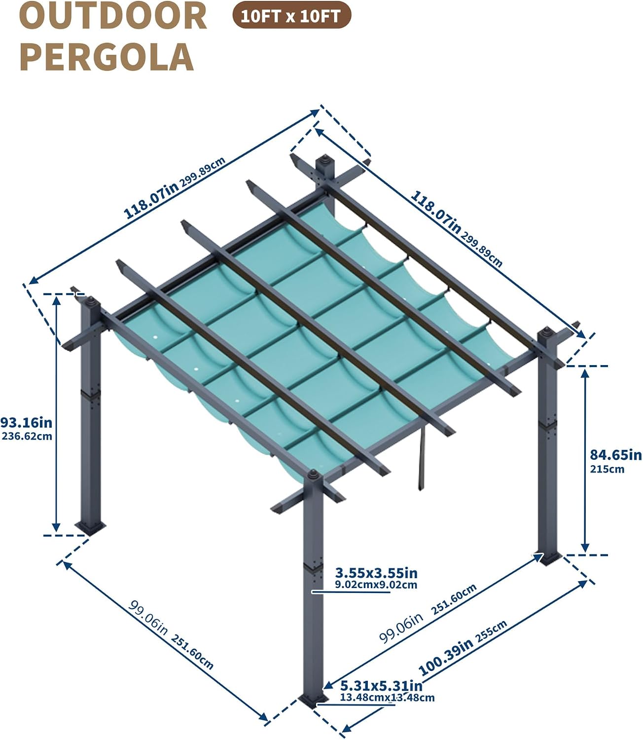 KYBOLT 10x10 Ft Outdoor Pergola Metal Gazebo with Retractable Canopy for Backyard Deck Patio Porch Grape Trellis(Blue)