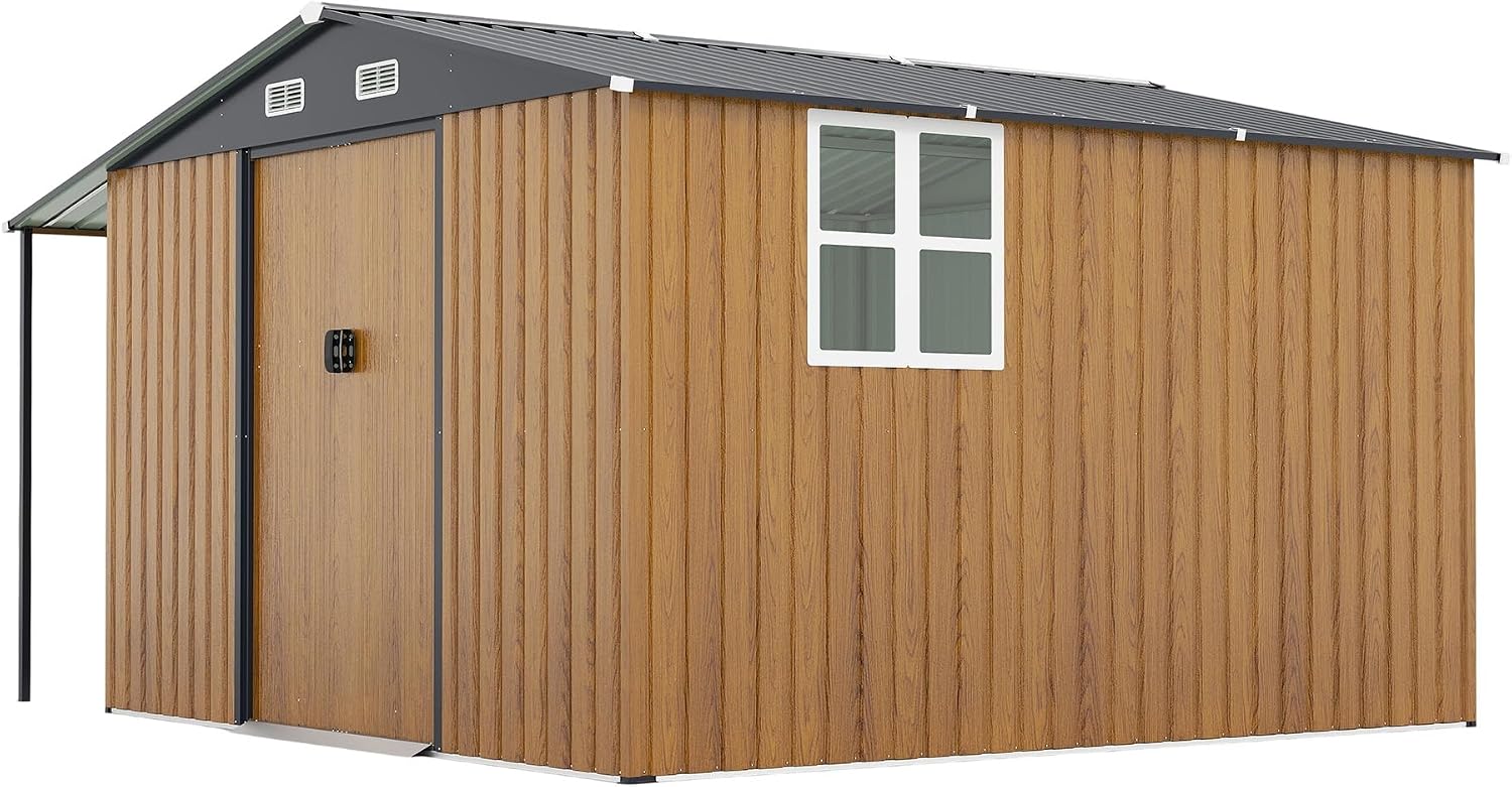 Metal Storage Shed, Yellow, 10x12 Ft, Galvanized Steel Construction, Sliding Doors, Windows, Integrated Ramp, Backyard Garden Tool Storage