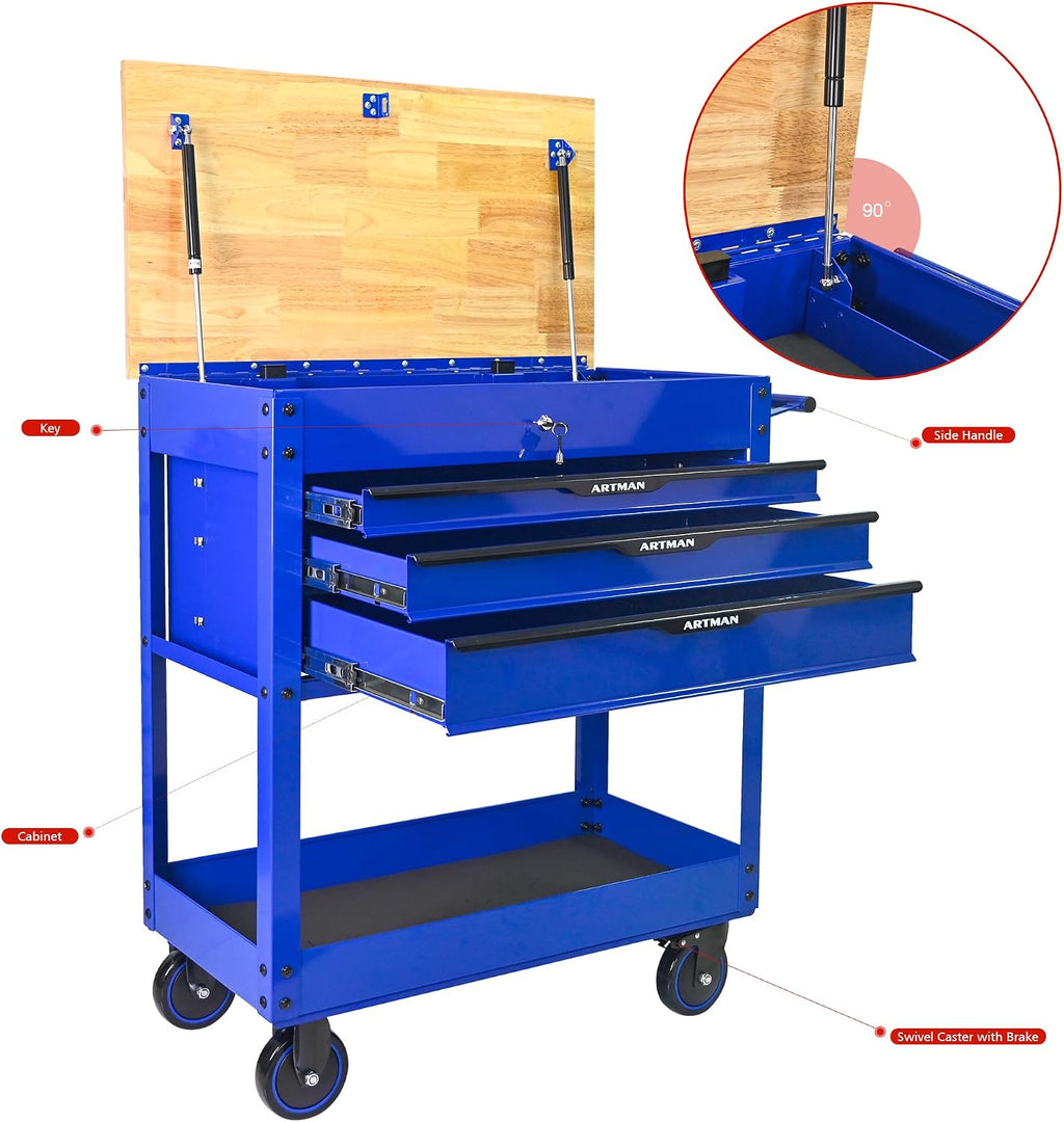 3 Drawers Tool Cart on Wheels,Tool Storage Box with Wooden Top,Drawers Rolling Tool Box Organizer Tool Case for Garage,Warehouse,Workshop,Repair Shop (3 Drawers-38.5' H-Blue&Black)