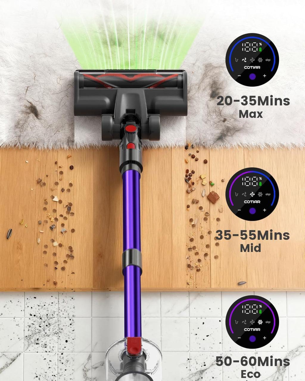 Cordless Vacuum Cleaner, 650W 55KPA 70Min Wireless Vacuum for Home, Stick Vacuum with Green Light Anti-Tangle, Rechargeable Vacuum Cleaners for Pet Hair Carpet Hard Floors （Purple）