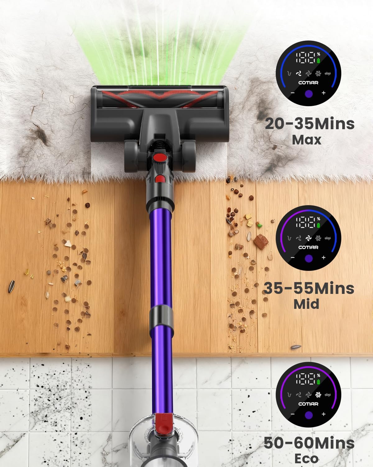 Cordless Vacuum Cleaner, 650W 55KPA 70Min Wireless Vacuum for Home, Stick Vacuum with Green Light Anti-Tangle, Rechargeable Vacuum Cleaners for Pet Hair Carpet Hard Floors （Purple）