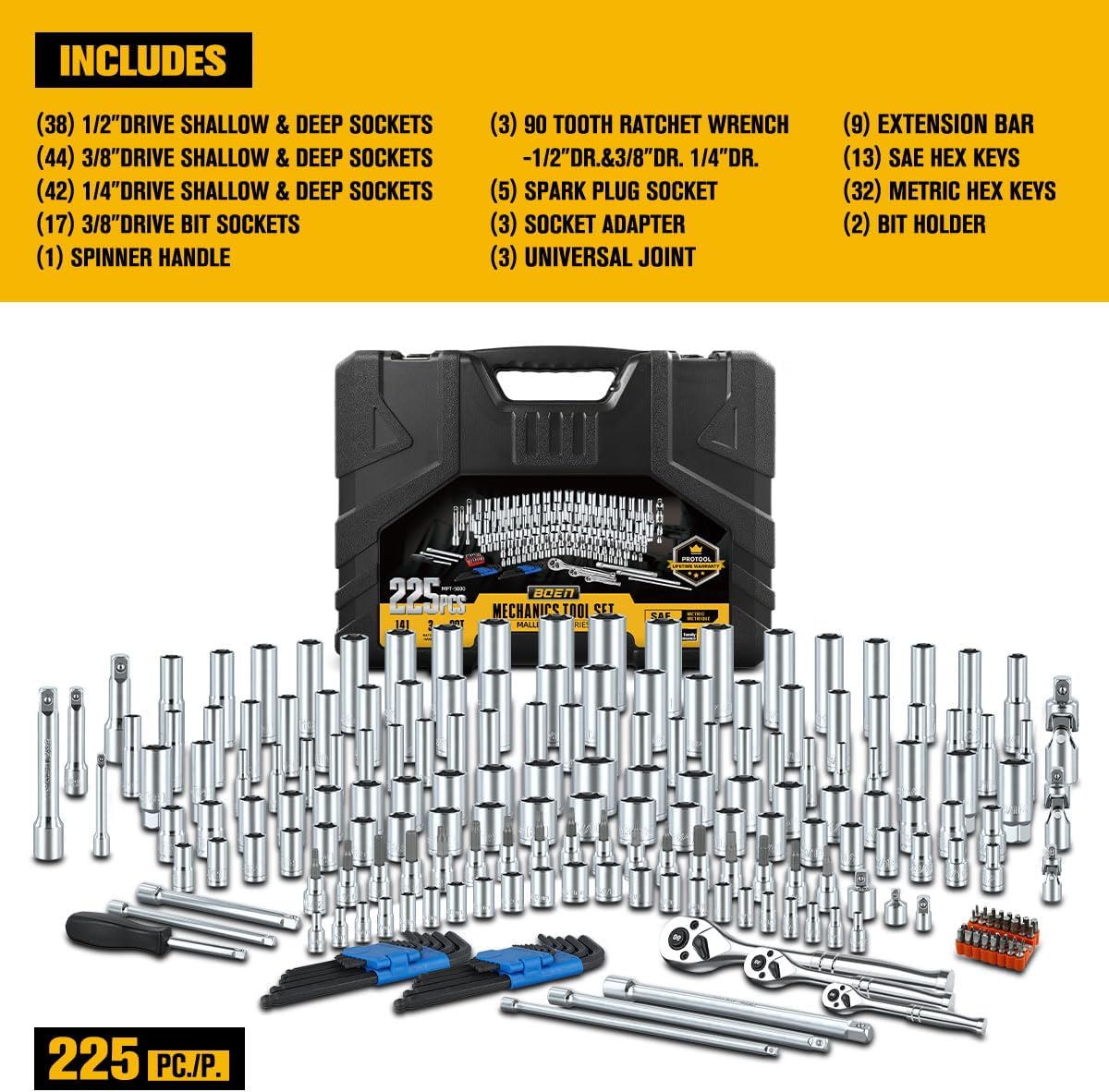BOEN 225PCS Mechanic Tool Set, 1/4' & 3/8' & 1/2' Drive Socket Wrench Set, Metric and Standard Full Socket Set, with 90-Tooth Ratchet, Auto and Bike Repair with Heavy Duty Case