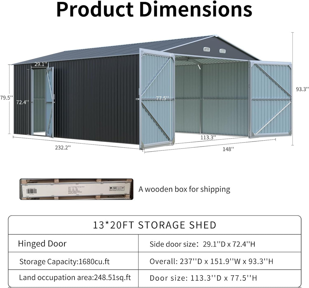 Shed and Outdoor Storage Large 20X13ft, Metal Garage with Window, for Truck, Car, Lawnmower