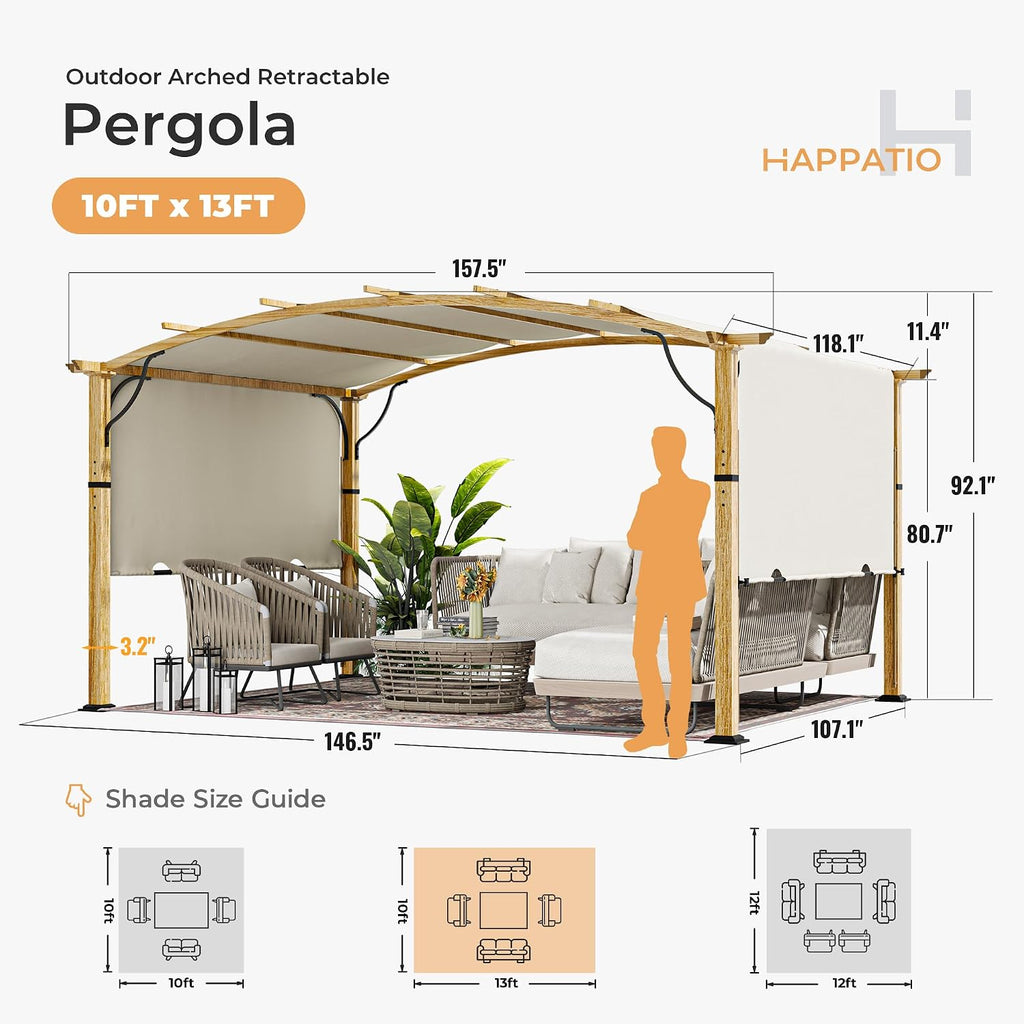 HAPPATIO 10' x13' Outdoor Retractable Pergola, Patio Metal Pergola with Sun Shade Canopy, Wood-Grain Aluminum Pergola with Canopy Fixed in Various Positions, Metal pergola for Backyards (Beige)