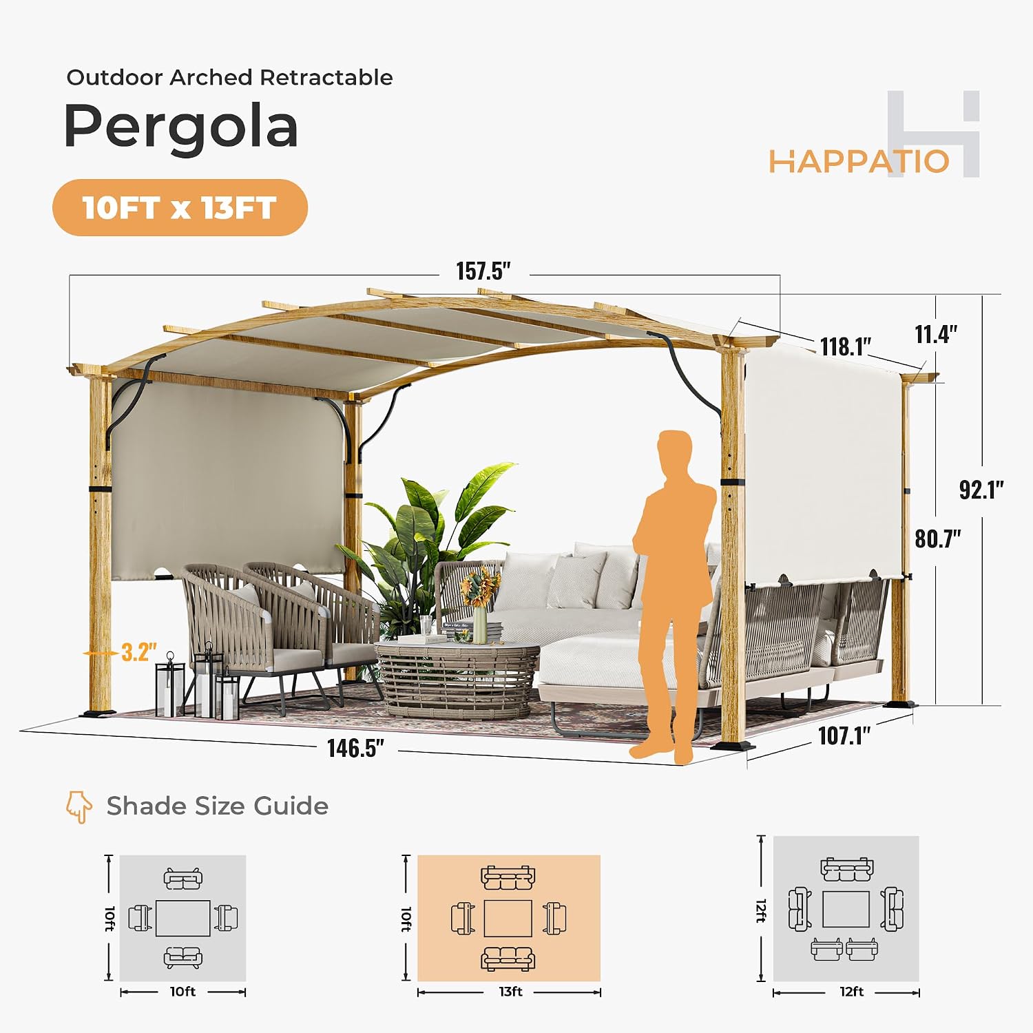 HAPPATIO 10' x13' Outdoor Retractable Pergola, Patio Metal Pergola with Sun Shade Canopy, Wood-Grain Aluminum Pergola with Canopy Fixed in Various Positions, Metal pergola for Backyards (Beige)