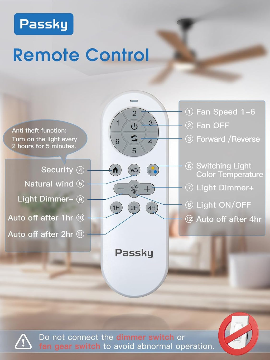 Passky Ceiling Fans with Lights and Remote, 60 inch Walnut Wood 5 Blades Ceiling Fan, Reversible, 3CCT, Dimmable, Noiseless, 6 Speeds Ceiling Fans for Bedroom Living Room Farmhouse Gazebo Patio