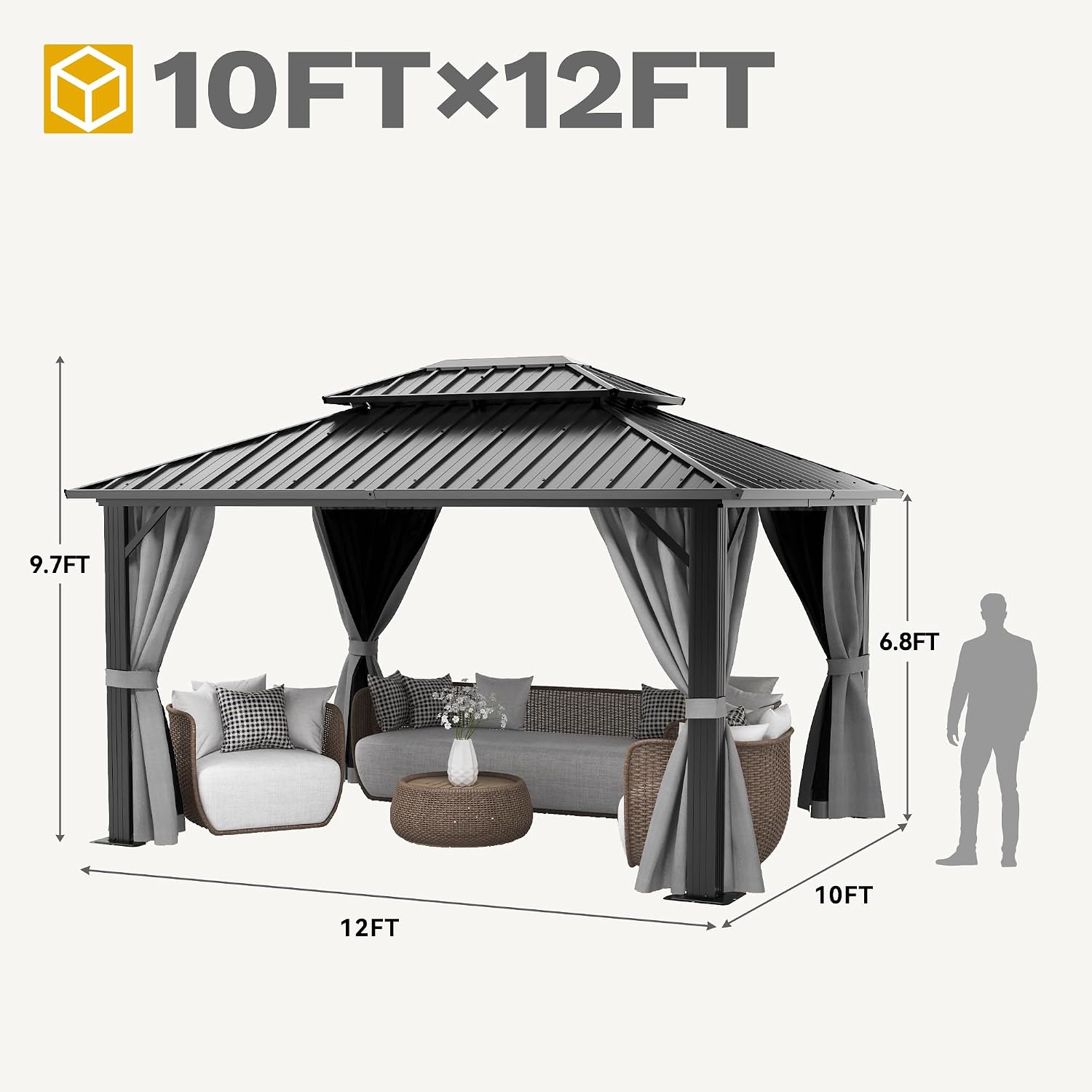 DWVO 10x12ft Gazebo Double Roof Hardtop with Nettings and Curtains, Heavy Duty Galvanized Steel Outdoor Vertical Stripes Roof for Patio, Backyard, Deck, Lawns, Grey