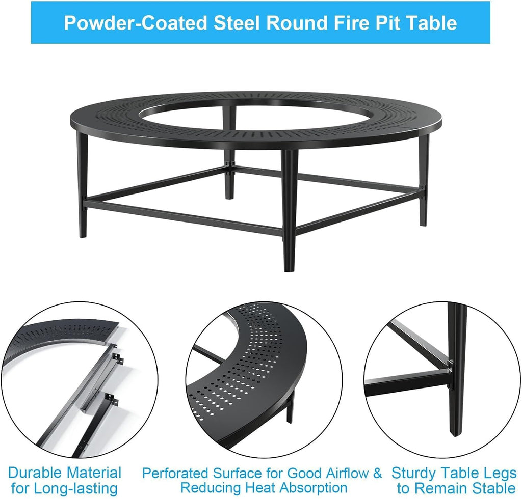 LS'BABQ 40' Fire Pit Surround Tabletop with Waterproof Cover for Solo Stove Bonfire & Ranger, Round Outdoor Fire Pit Table for Most Wood-Burning Stoves Under 22' Dia for Camping, Powder-Coated Steel