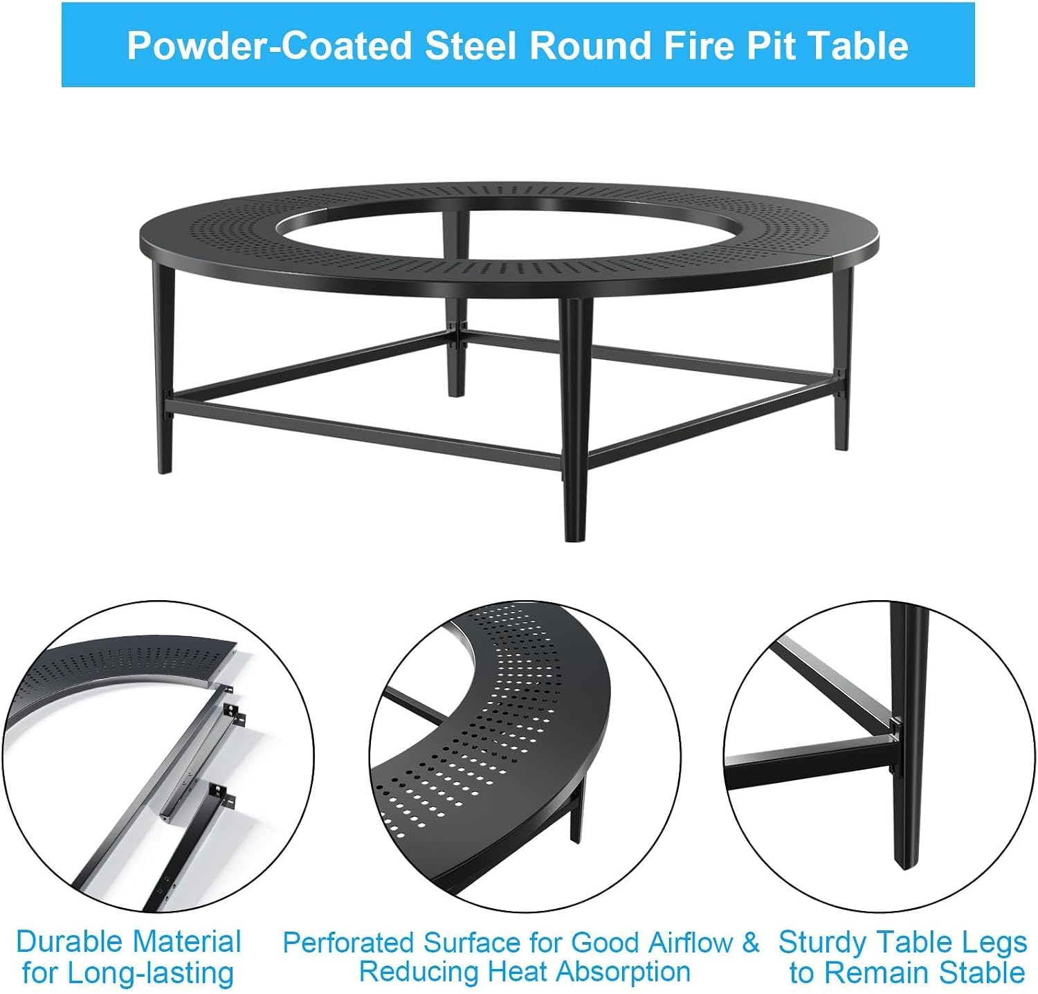 LS'BABQ 40' Fire Pit Surround Tabletop with Waterproof Cover for Solo Stove Bonfire & Ranger, Round Outdoor Fire Pit Table for Most Wood-Burning Stoves Under 22' Dia for Camping, Powder-Coated Steel