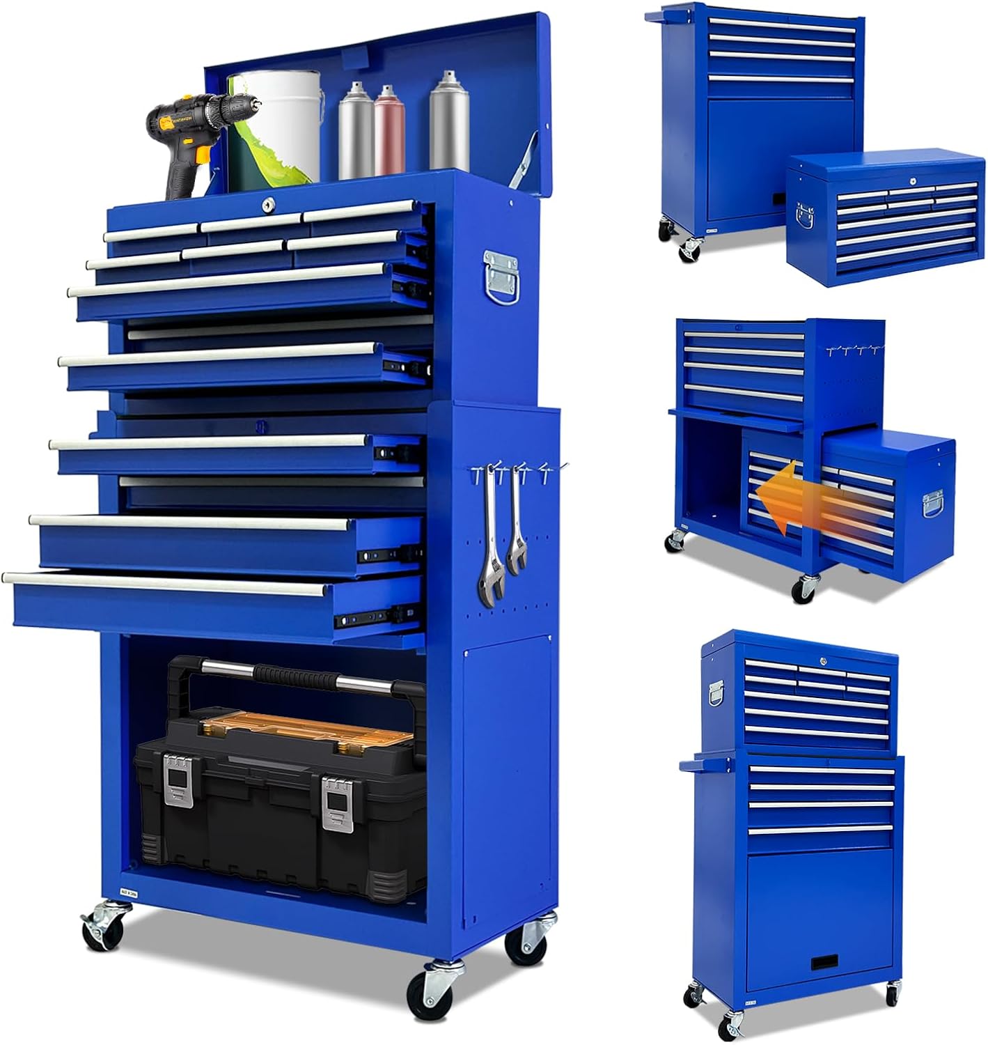 13-Drawer Tool Chest with Wheels,2 in 1 Detachable Rolling Tool box with Drawers,Large ToolBox with Lock,Mobile Steel Tool Cabinet Storage for Warehouse,Garage-Blue