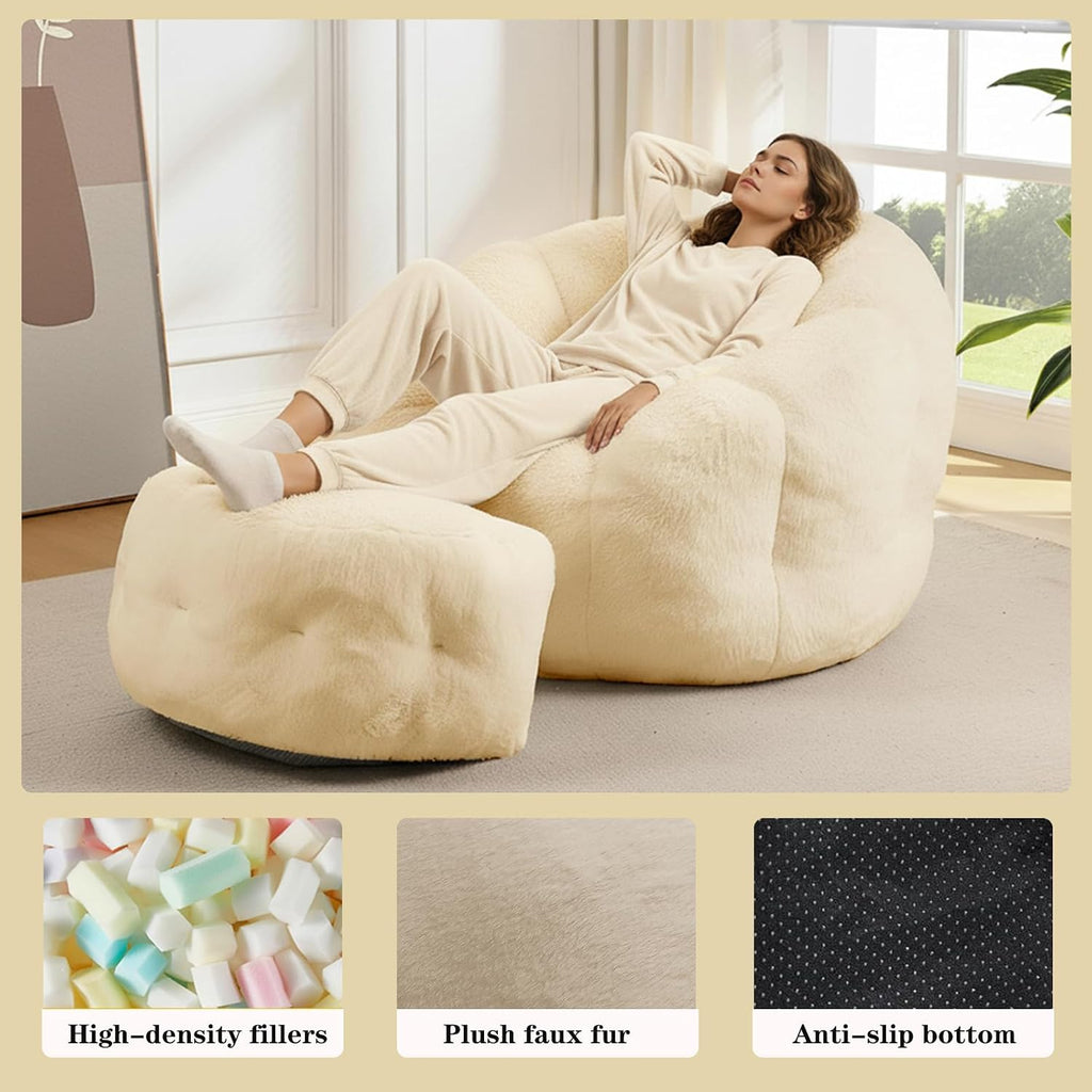 Bean Bag Chair with Ottoman, Beige Flower Bean Bag Chairs for Adults and Teens, Comfy Plush Faux Fur Reading Chair for Living Room, Bedroom, Apartment, Dorm