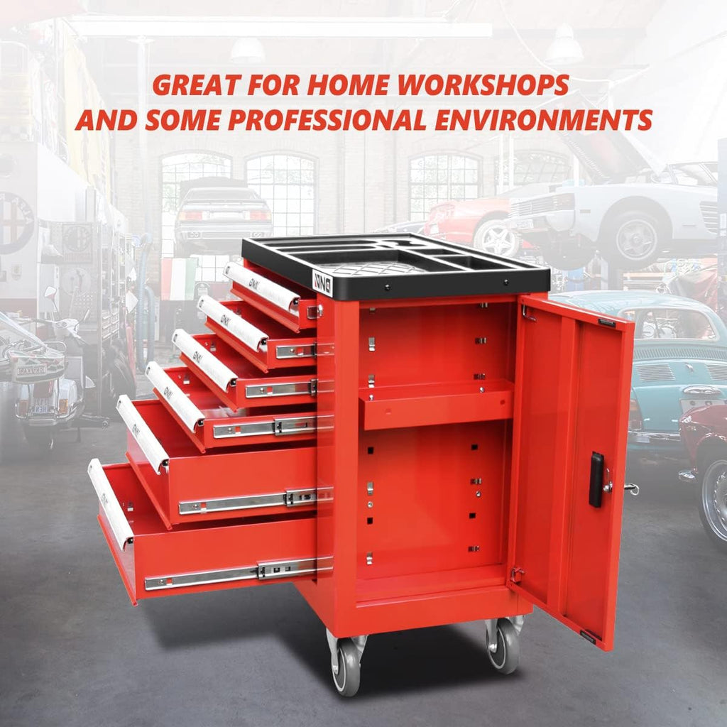 DNA Motoring 6-Drawer Rolling Tools Chest, Rolling Tool Storage Cabinet, Heavy Duty Mechanic Tool Cart, Trolley Organizer for Garage, Warehouse, Workshop, w/Keys, Red, Upgrade Package, TOOLS-10002