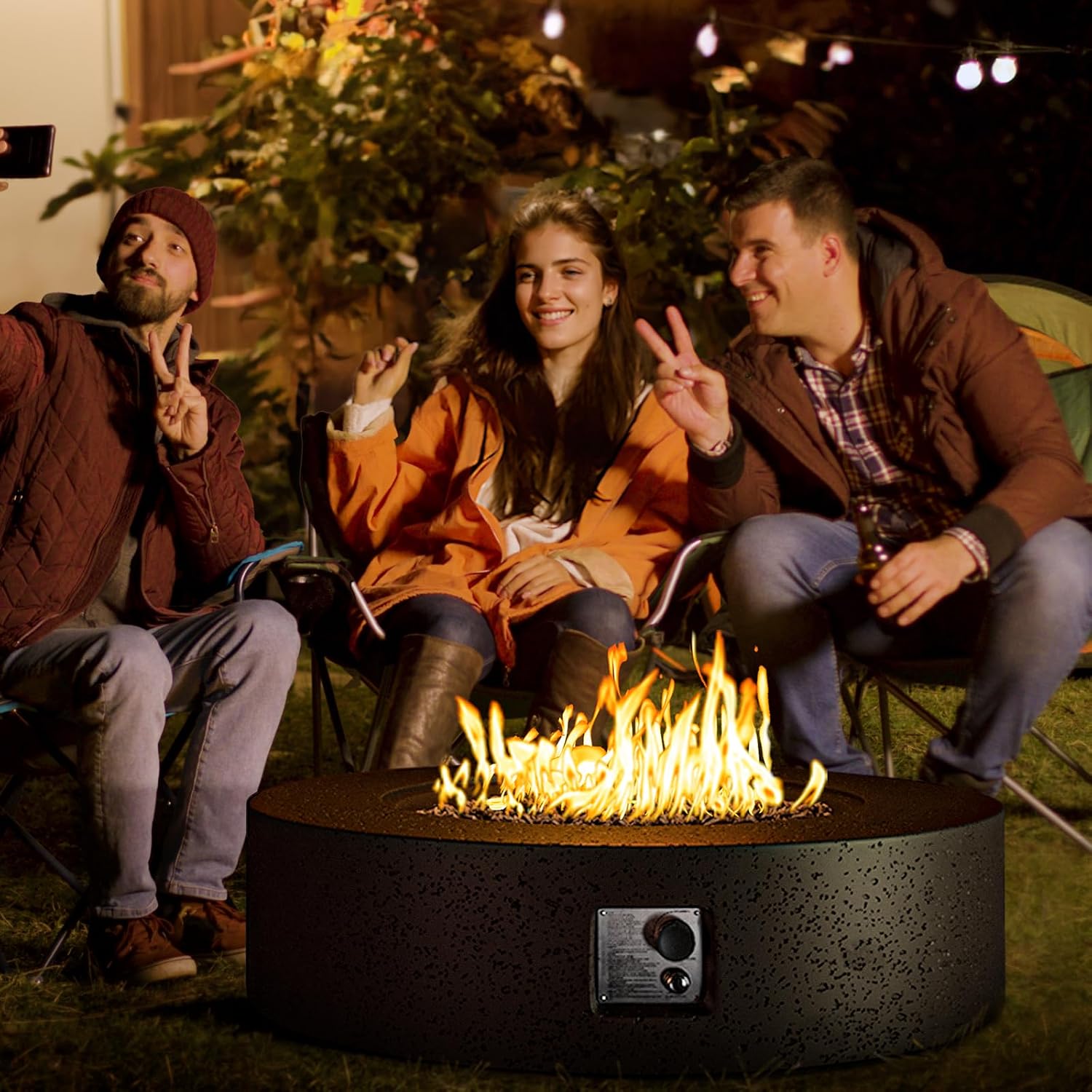 COSIEST 42 inch Outdoor Propane Fire Pit Coffee Table w Concrete Round Base Patio Heater, 50,000 BTU Stainless Steel Burner, Free Lava Rocks, Rain Cover, Brown