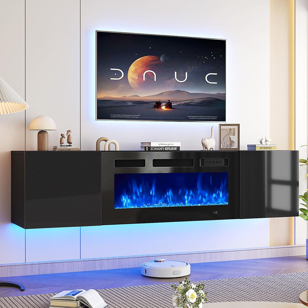 oneinmil 70' Floating TV Stand with 36' Electric Fireplace, Wall Mounted Fireplace Entertainment Center with Storage, Fire Place TV Console for Living Room, All Black