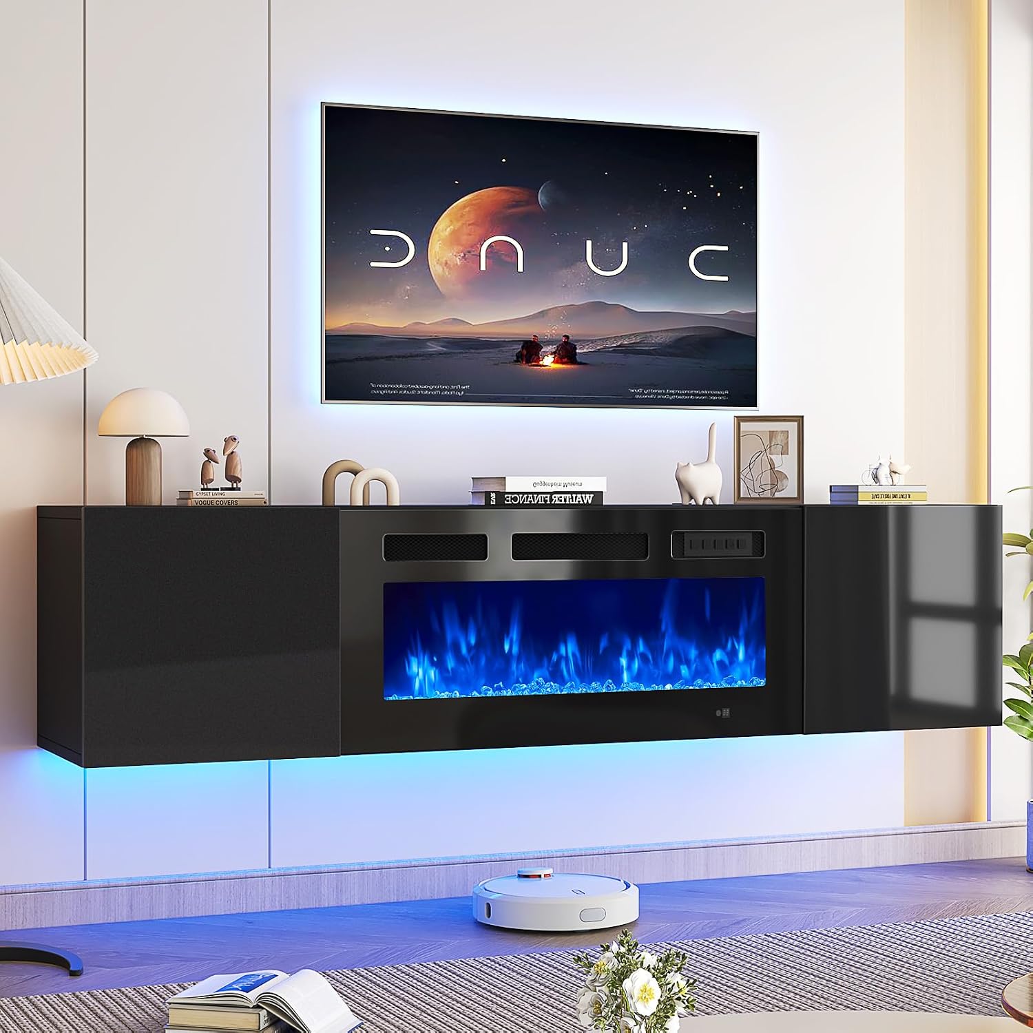oneinmil 70' Floating TV Stand with 36' Electric Fireplace, Wall Mounted Fireplace Entertainment Center with Storage, Fire Place TV Console for Living Room, All Black