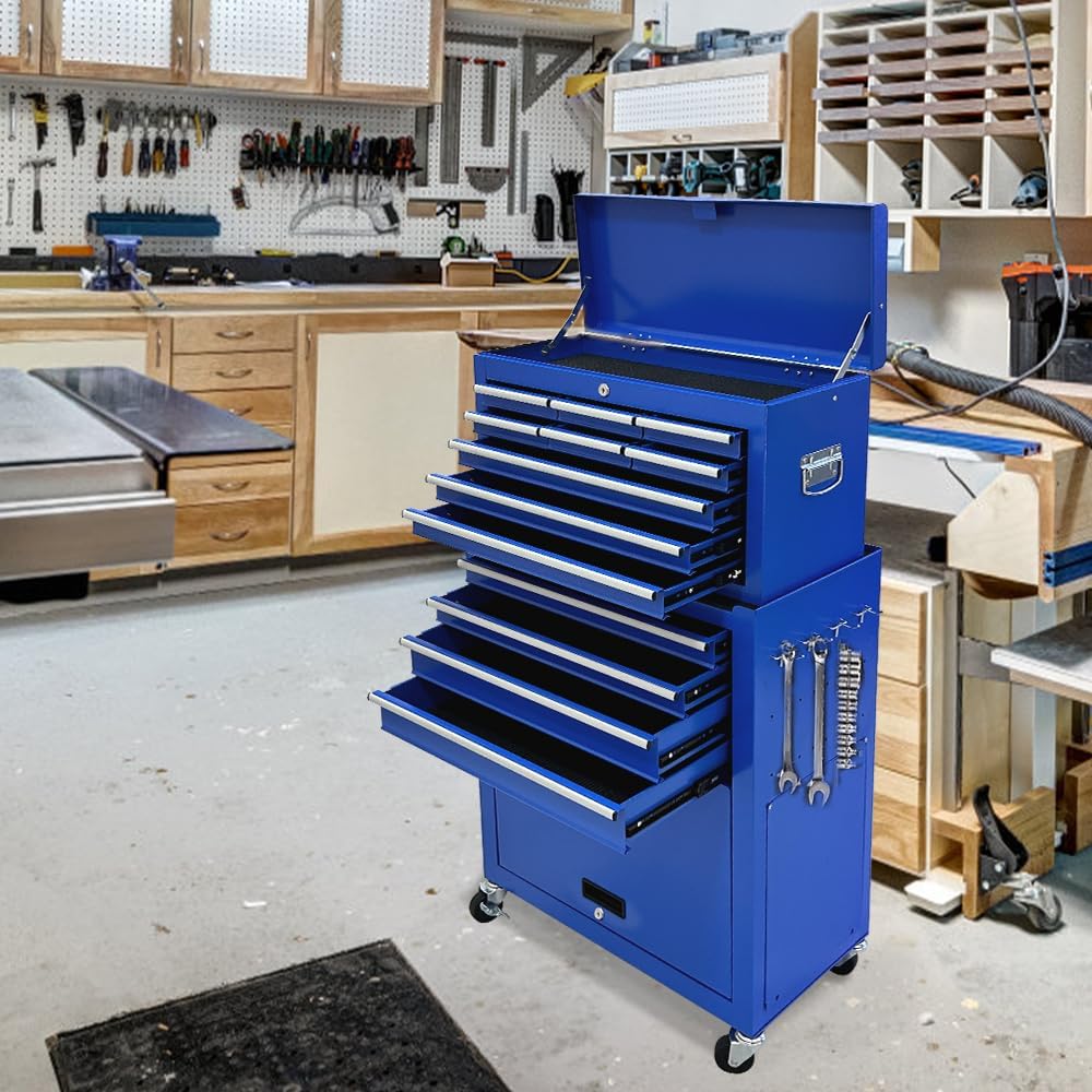 13 Drawer Tool Chest,Toolbox with Wheels, Rolling Tool Cabinets with Drawers, Top Detachable Tool Chest with Hooks Handles for Workshop Mechanical Garage - Blue