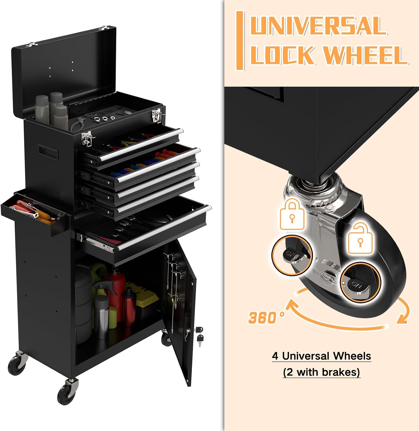 5 Drawer Rolling Tool Chest with Drawers-Lockable Metal Toolbox on Wheels-Detachable Top Tool Storage & Rolling Tool Cart for Garage Workshop,Repair Room(Black)