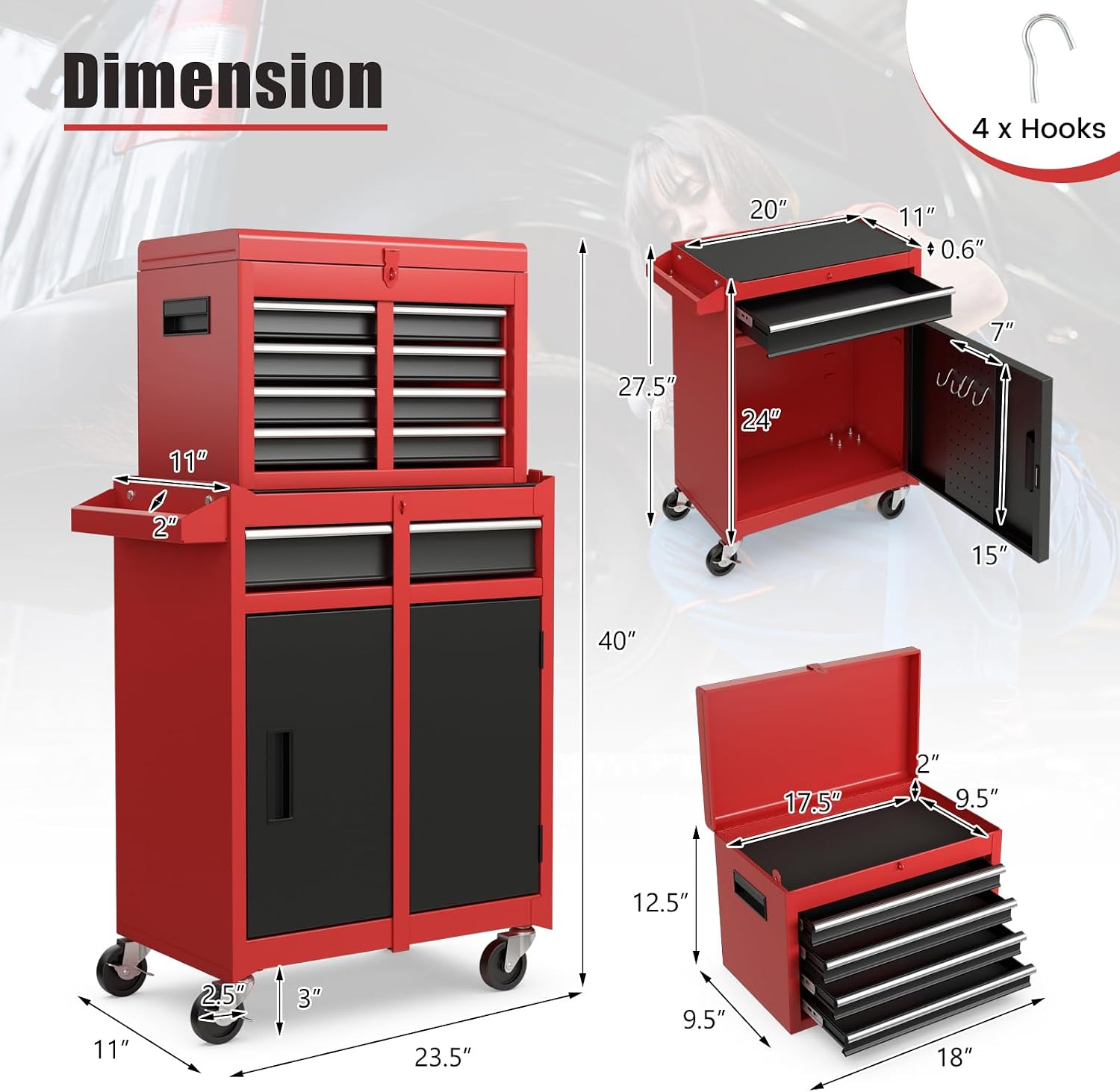 DORTALA Rolling Tool Chest Cabinet, Tool Box Organizer with 5 Sliding Drawers, Locking System, Toolbox Storage Cabinet on Wheels for Garage Workshop, Black & Red